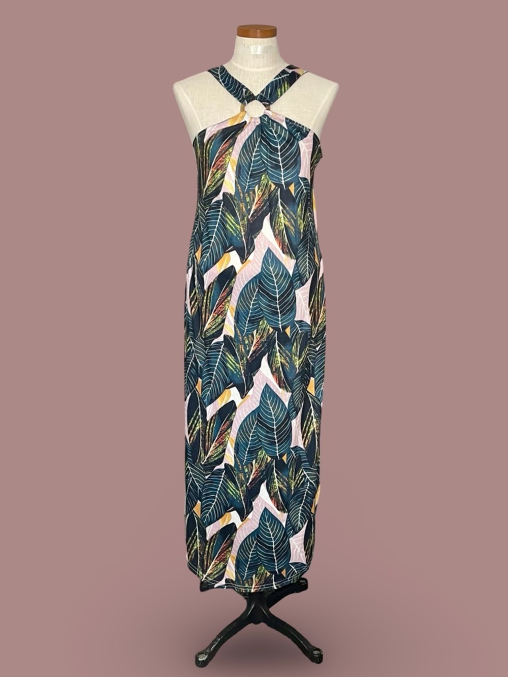 Anrabess Halter Neck Stretchy Leaf Print Maxi Beach Dress with Pockets SzL